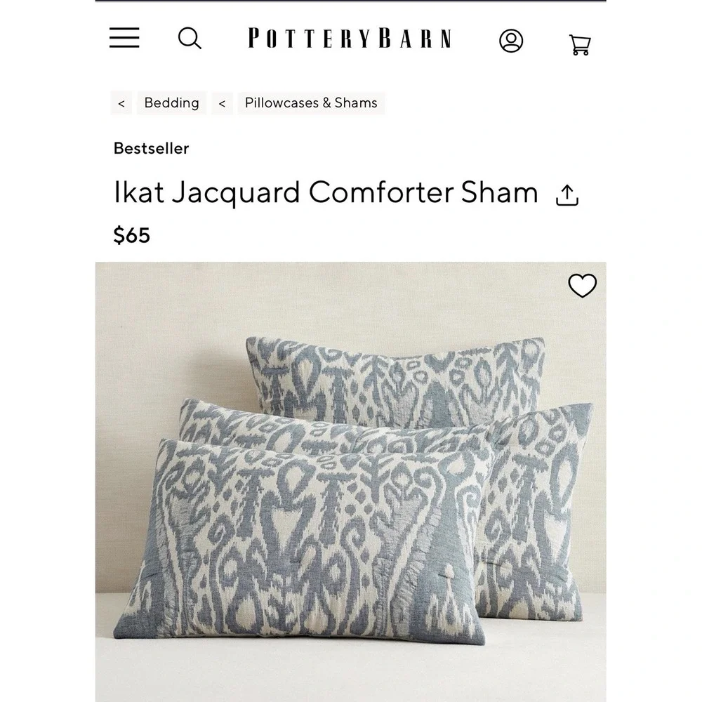 Pottery Barn Ikat Jacquard Comforter Pillow Sham Standard Blue Multi NWOT-2